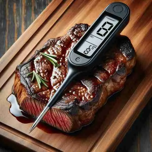 instathermo Instant Read Thermometer on steak.