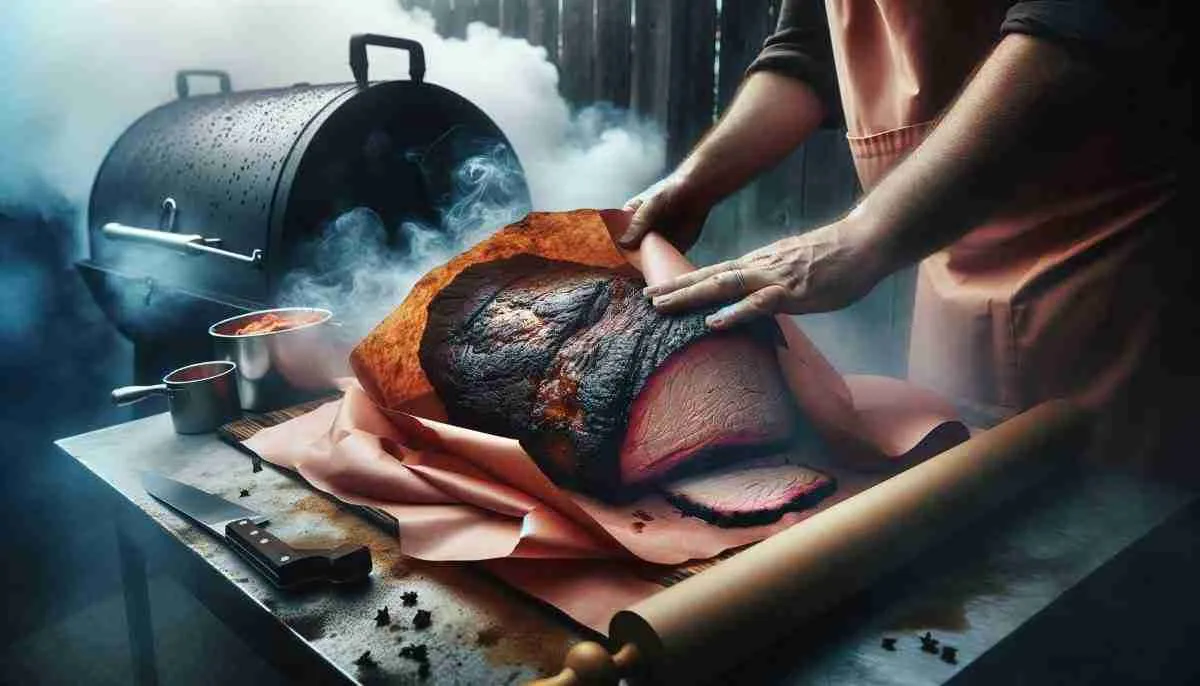 High-resolution image of a pitmaster wrapping brisket in peach butcher paper.