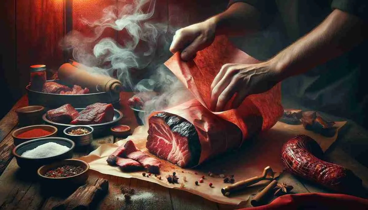 Meat wrapped in red butcher paper, capturing smoky flavor infusion.