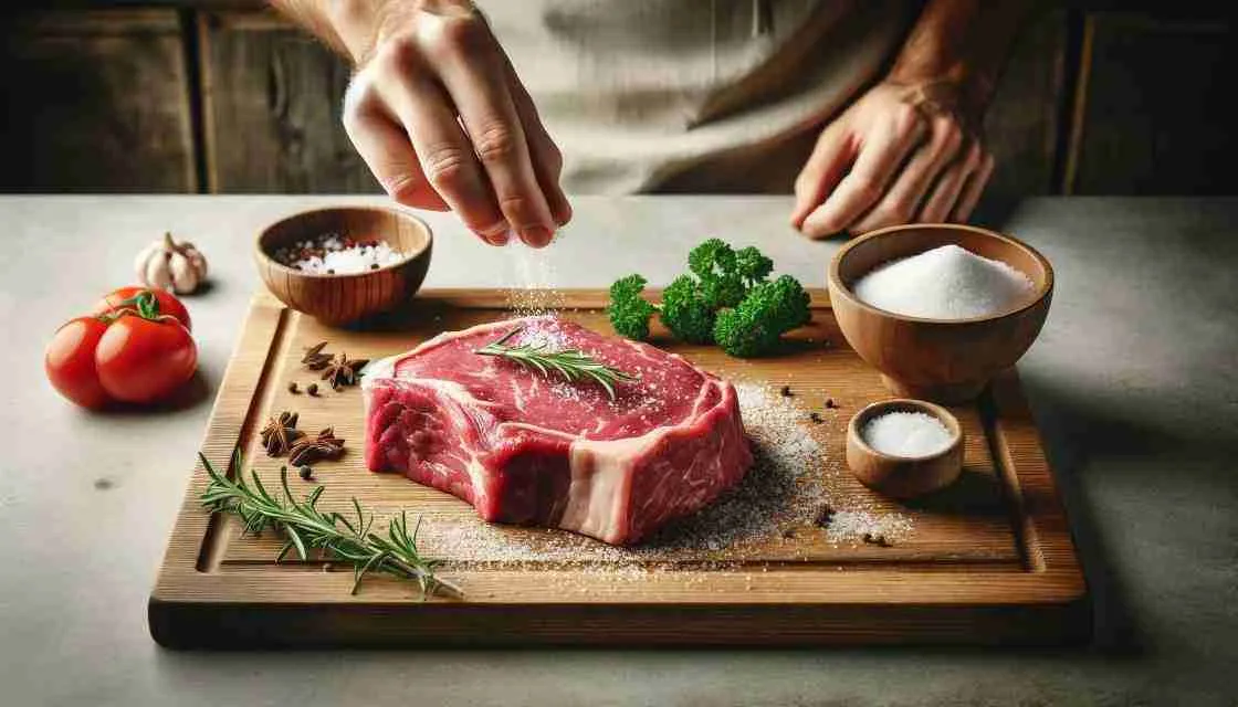 Dry-brine-steak A raw steak being seasoned with salt, surrounded by fresh herbs and spices.
