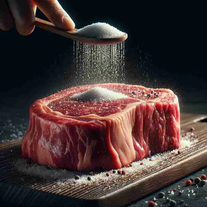 Drybrinesteak Thick, juicy steak with visible salt grains on a cutting board, indicating dry brining.