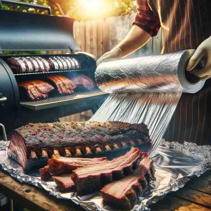 Pitmaster wrapping juicy meats with aluminum foil outdoors