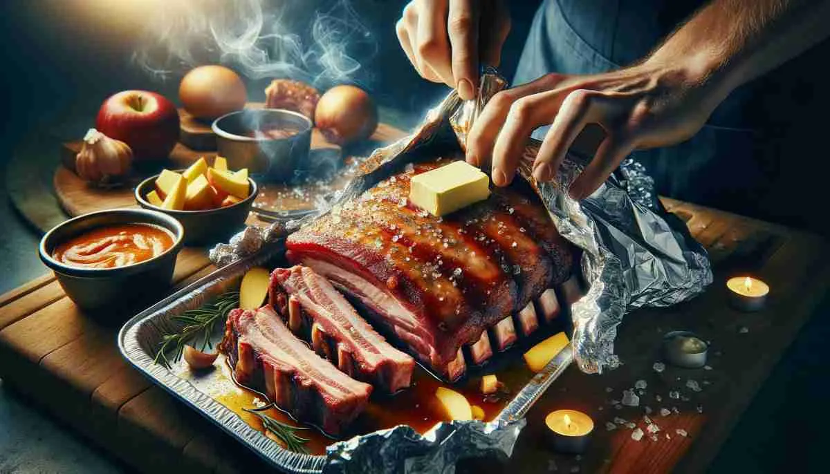 Pork ribs and butt wrapped in aluminum foil