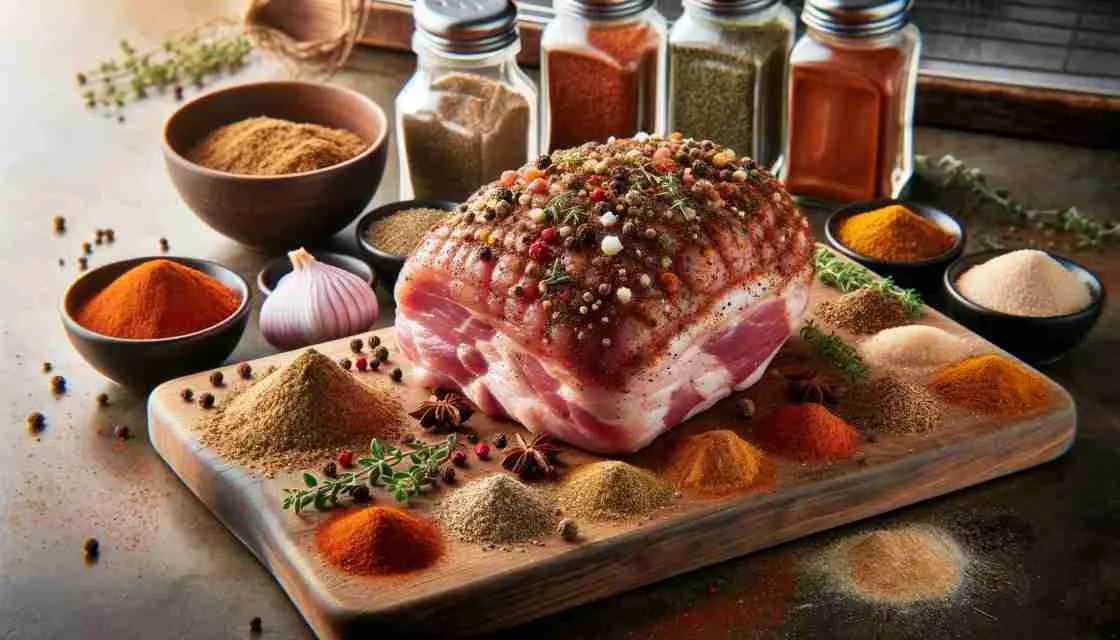 Seasoned raw ham on a wooden board with an array of spices and a spice paste, prepped for smoking.