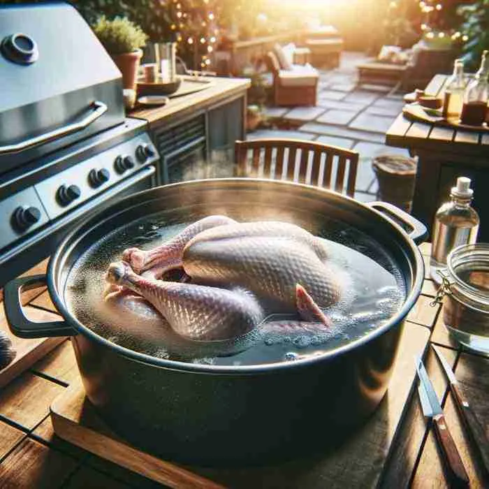 Turkeybrine Turkey in a brine pot in an outdoor BBQ kitchen setting