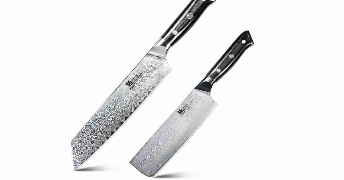 Kyoku-knives Two Kyoku knives with distinctive damascus patterns on the blades and ergonomic black handles, showcasing the blend of beauty and functionality in culinary tools.