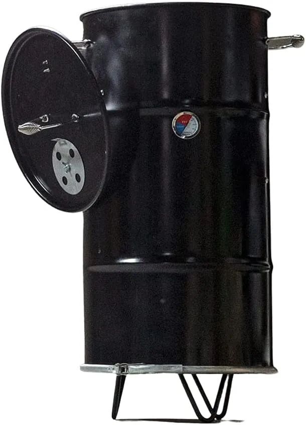 Byo-barrel-smoker A Build Your Own Barrel Smoker set with lid open, showcasing included grilling grates and hooks, ready for outdoor smoking and barbecuing activities.