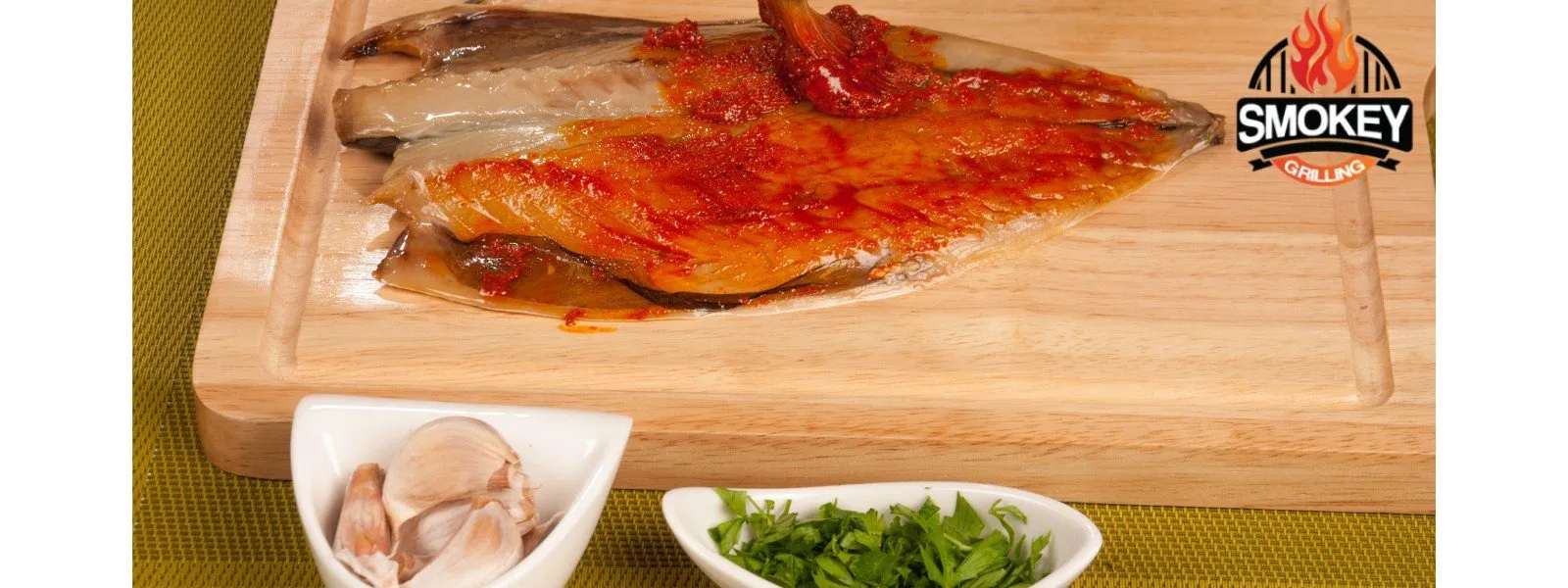 Fish fillet on a wooden cutting board being marinated with a red spice blend, with garlic and herbs in small dishes, and the Smokey Grilling logo in the top right corner.