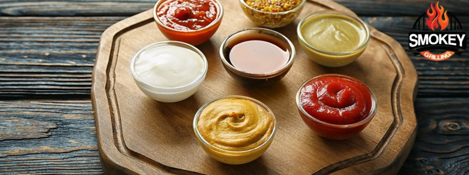 Selection-of-bbq-sauces Assorted BBQ sauces in small glass bowls arranged on a wooden board.